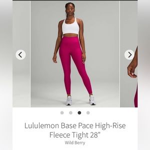 Lululemon Base Pace high-rise fleece tights 28” new. Wild Berry